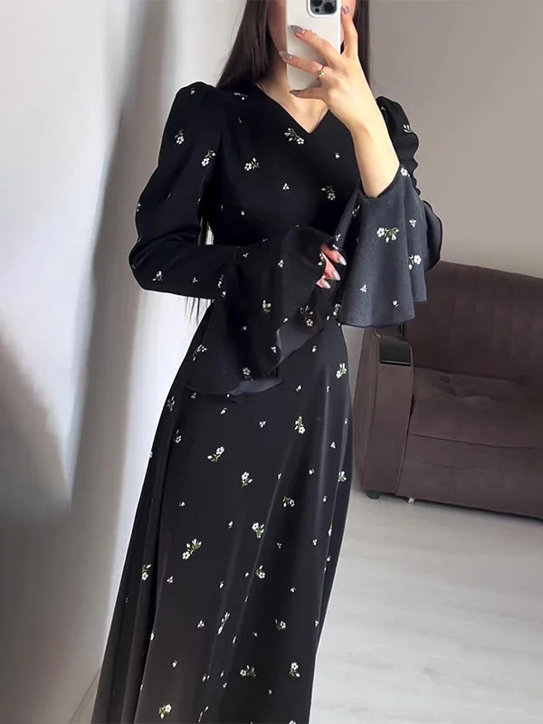 Style & Comfort for Mature Women Women's Long Sleeve V-neck Floral Printed Midi Dress