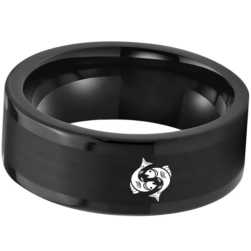 Pisces Tungsten Carbide Rings Black Flat Wedding Bands Comfort Fit Mens and Womens 4MM 6MM 8MM