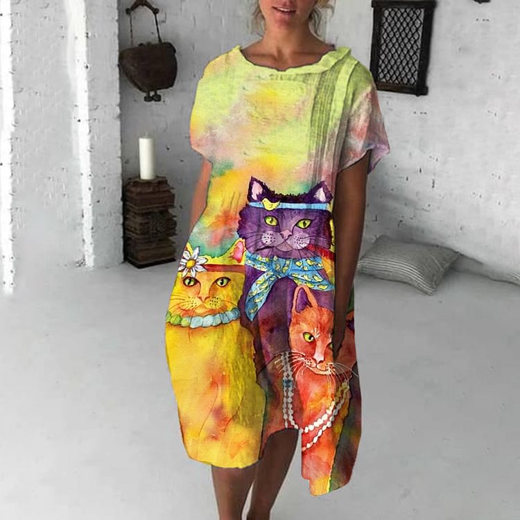 Artwishers Smudged Cat-Print Midi Dress