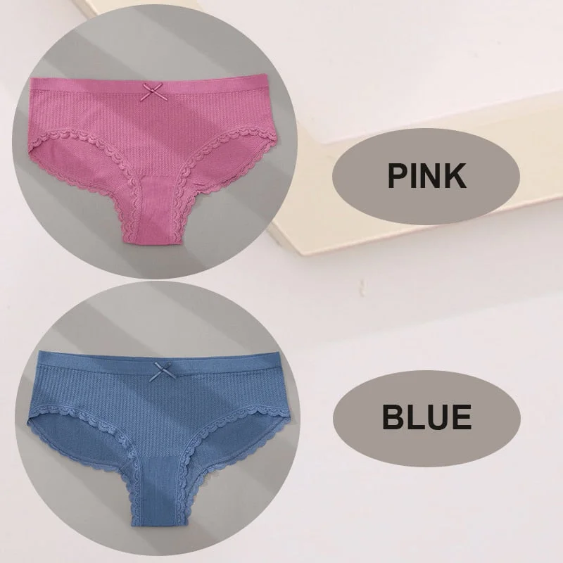 FINETOO 2PCS/Set M-2XL Women Seamless Sexy Panties Cute Bownot 6 Solid Color Girl Underwear Briefs Lingerie Underpant Lace Panty