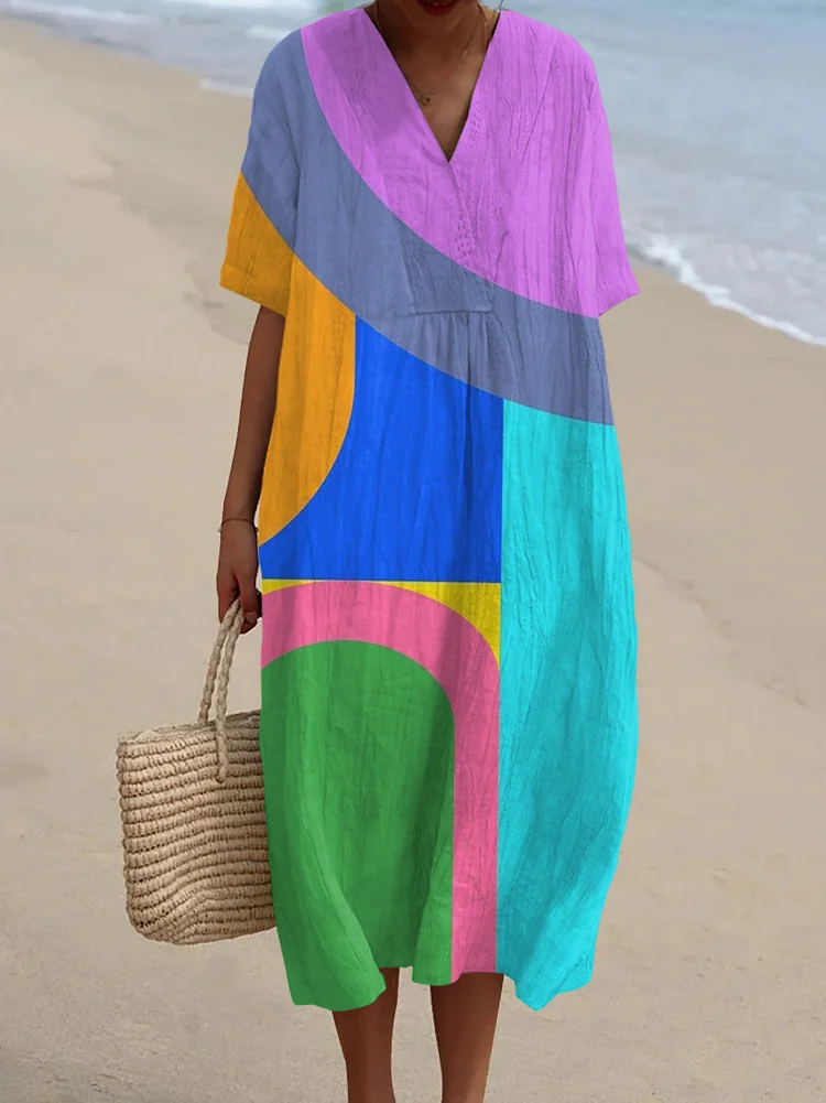 Vintage Color Block Art Print V Neck Midi Dress