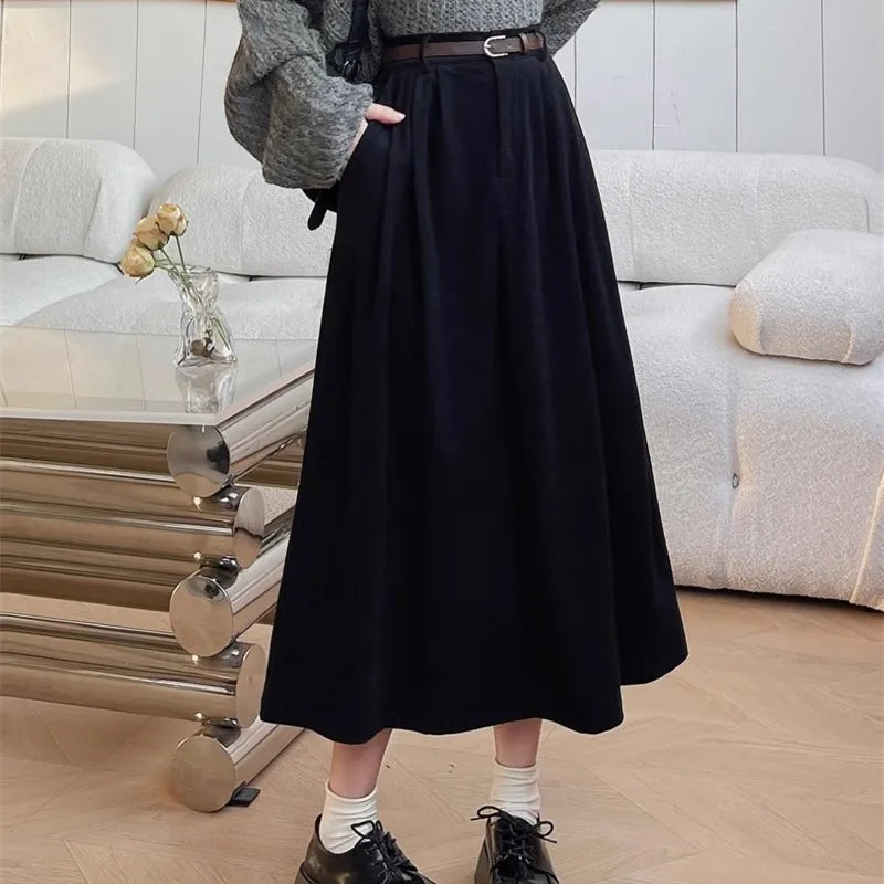 Aiertu Autumn Women Corduroy High-waisted Skirt Vintage A- line Belt Woman Long Skirts Korean Casual Solid Color Elegant Ladies Clothes Aiertu