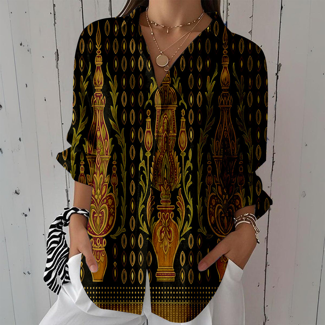 Women Long Sleeve V-neck Graphic Floral Printed Top