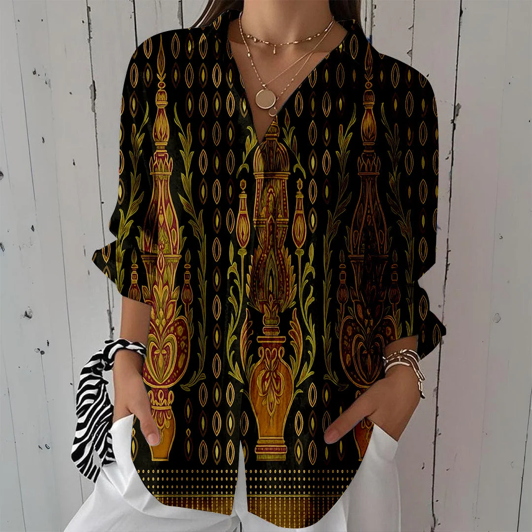 Style & Comfort for Mature Women Women Retro, Black, Brown DZCL0408 3/4 Sleeve Shirt Collar Printed Button Tops