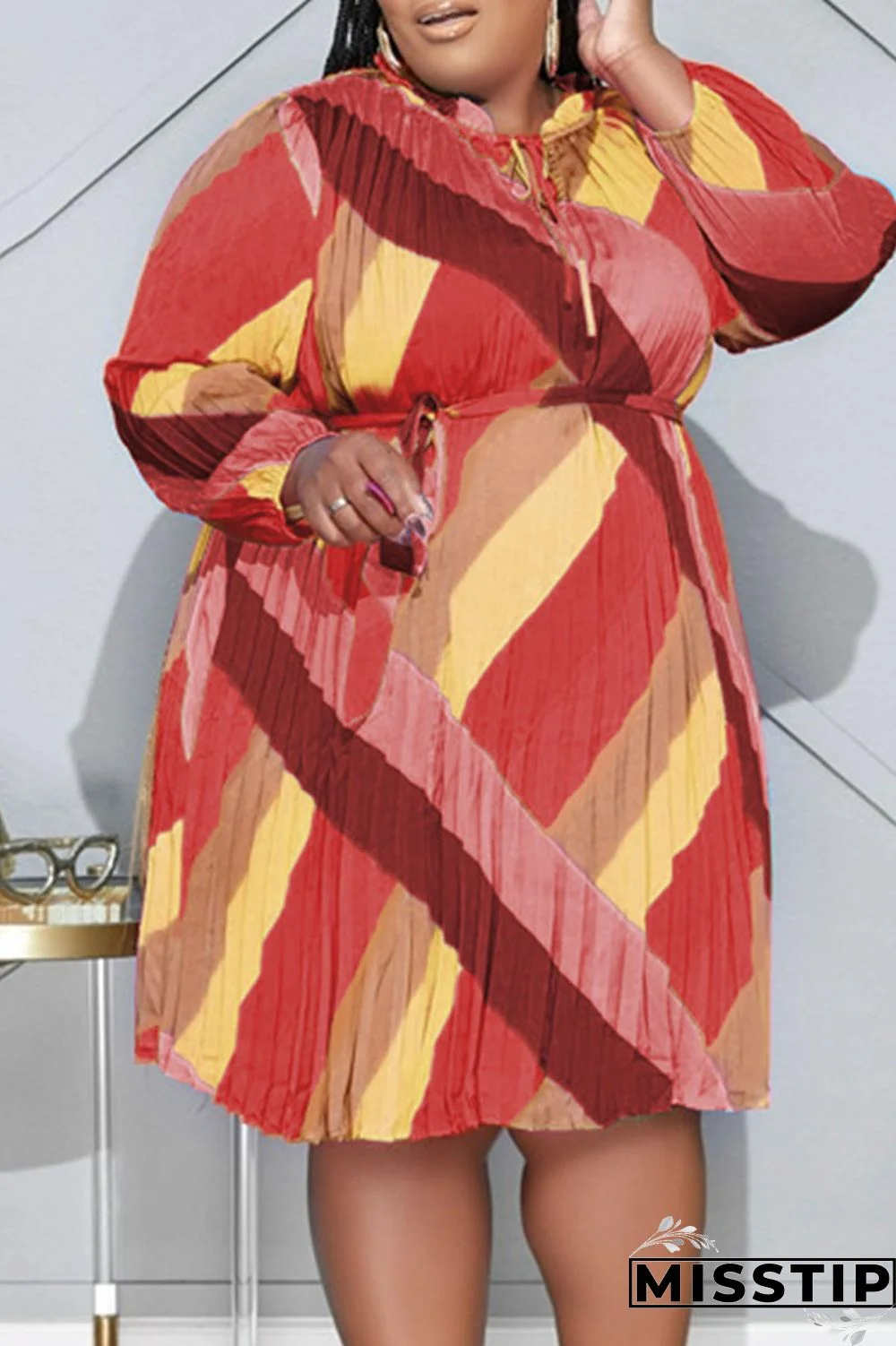 Red Yellow Casual Print Bandage Patchwork Fold O Neck Straight Plus Size Dresses