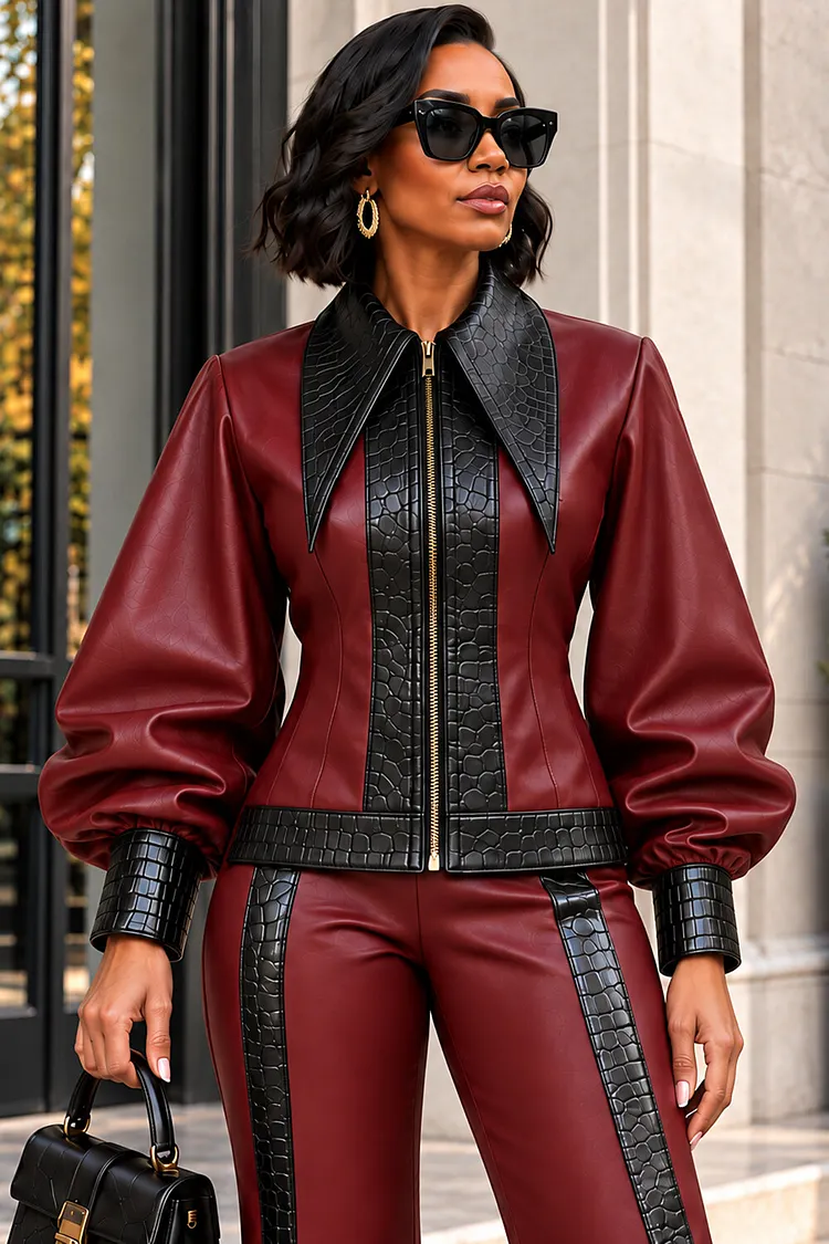 Xpluswear Design Plus Size Business Casual Burgundy Patchwork Turndown Collar Long Sleeve Contrast Zipper PU Leather Jacket [Pre-Order] 2024 - Xpluswear