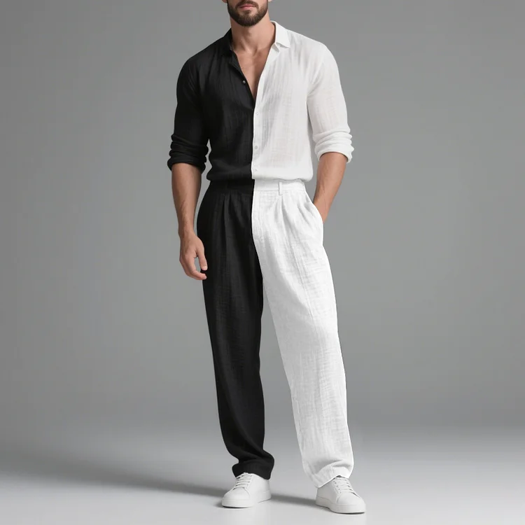 Okaywear Flax Colorblock Long Sleeve Shirt & Pants 2Pcs Set 