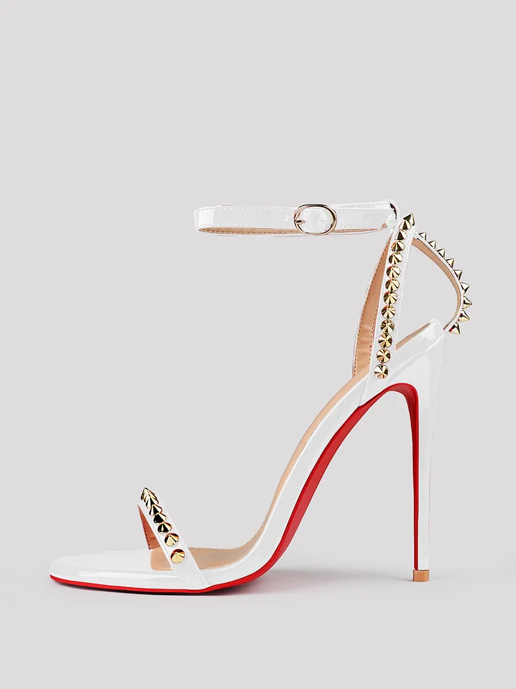 120mm/10mm Women's  Patent Open Toe Sandals Stiletto Red Bottom High Heels Ankle Strap Rivet Studs Shoes