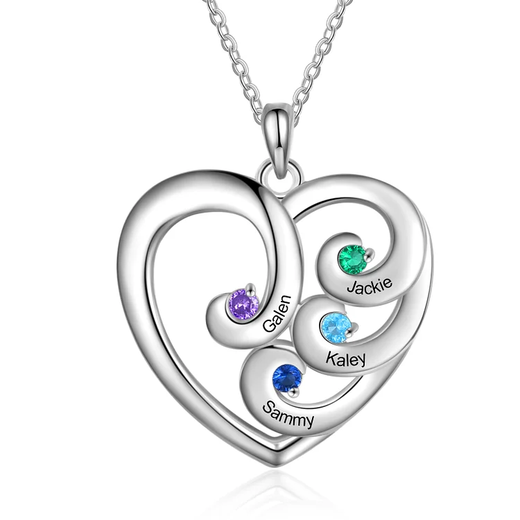 Personalized Mother Necklace with 4 Birthstones Heart Necklace