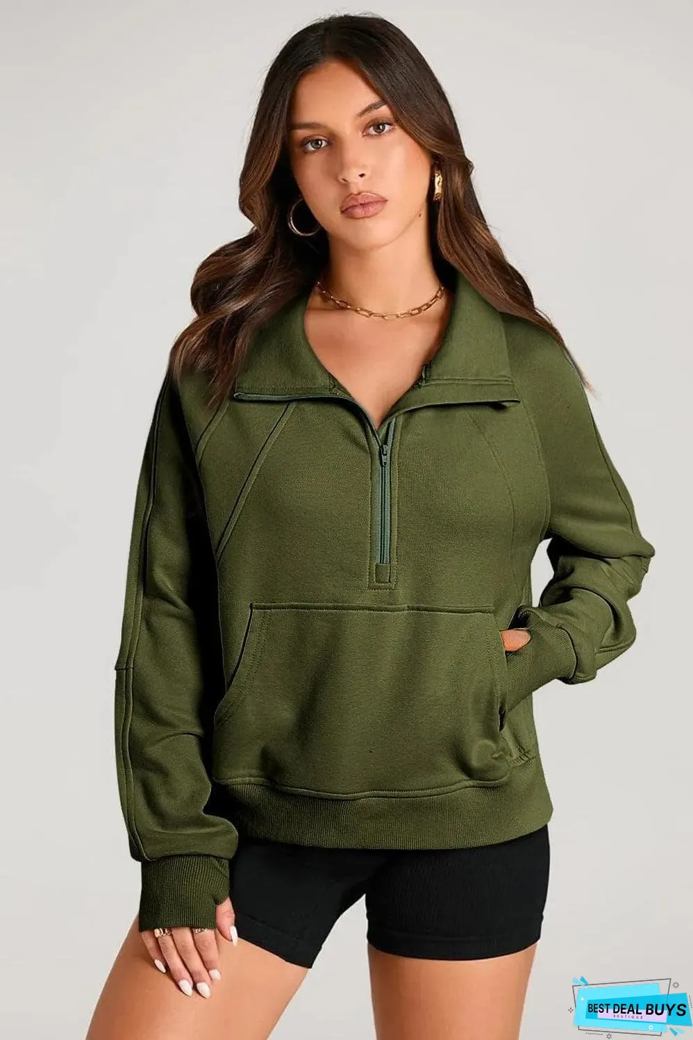 Moss Green Quarter Zip Stand Neck Kangaroo Pocket Sweatshirt