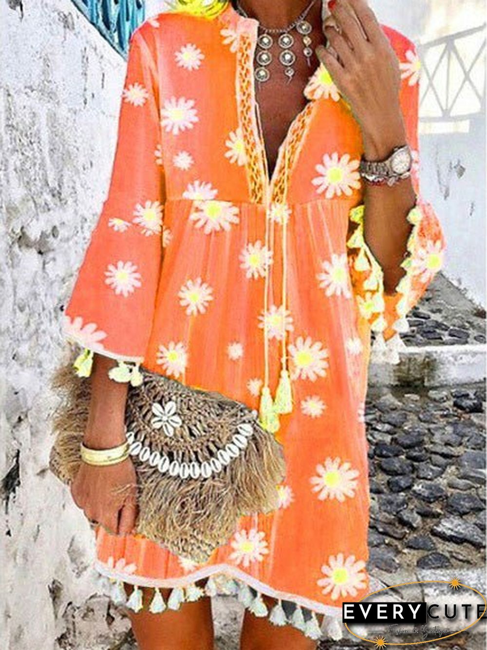 Women'S Dresses Daisy Print V-Neck Fringe Dress