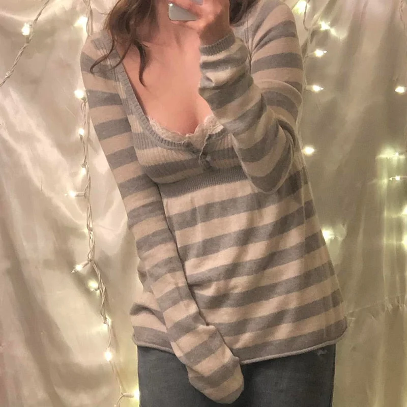 Rapcopter Y2K Button Sweaters O Neck Full Sleeve A-Line Jumpers Sweet Cute Striped Pullovers Women Autumn Winter Knitwear Retro