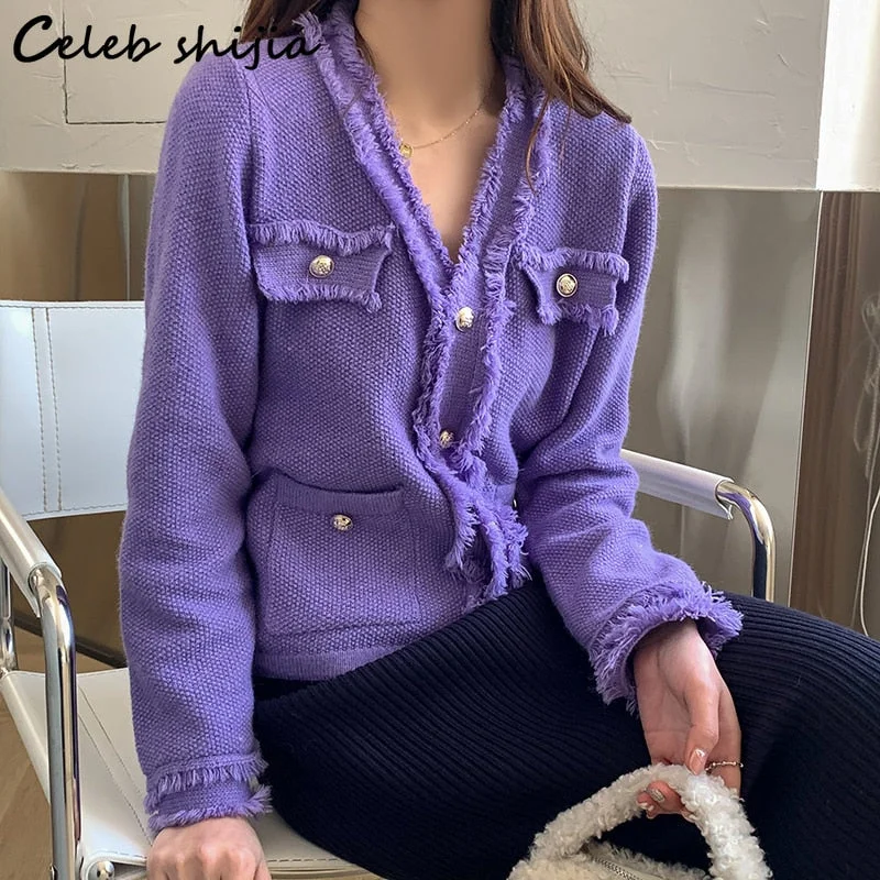 UForever21 Back to School Purple Woolen Cardigan Women Autumn 2022 V-Neck Vintage Golden Button Sweater Cardigan Ladies Korean Design Knit Cropped Tops