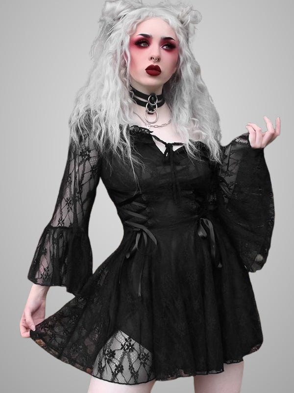 Sexy Dark Lace Paneled Drawstring Off Shoulder Ruffled Long Sleeve Dress