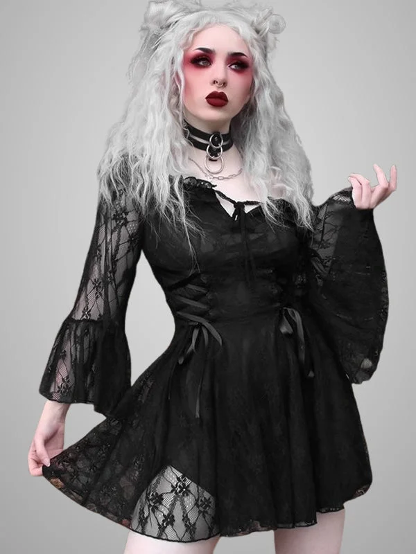 Gothic Dark Style Lace Paneled Drawstring Off Shoulder Ruffled Long Sleeve Dress