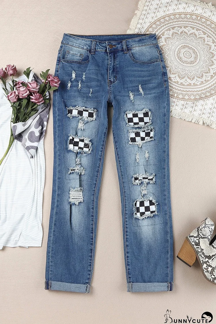 Baeful Checkered Patchwork Mid Waist Distressed Jeans