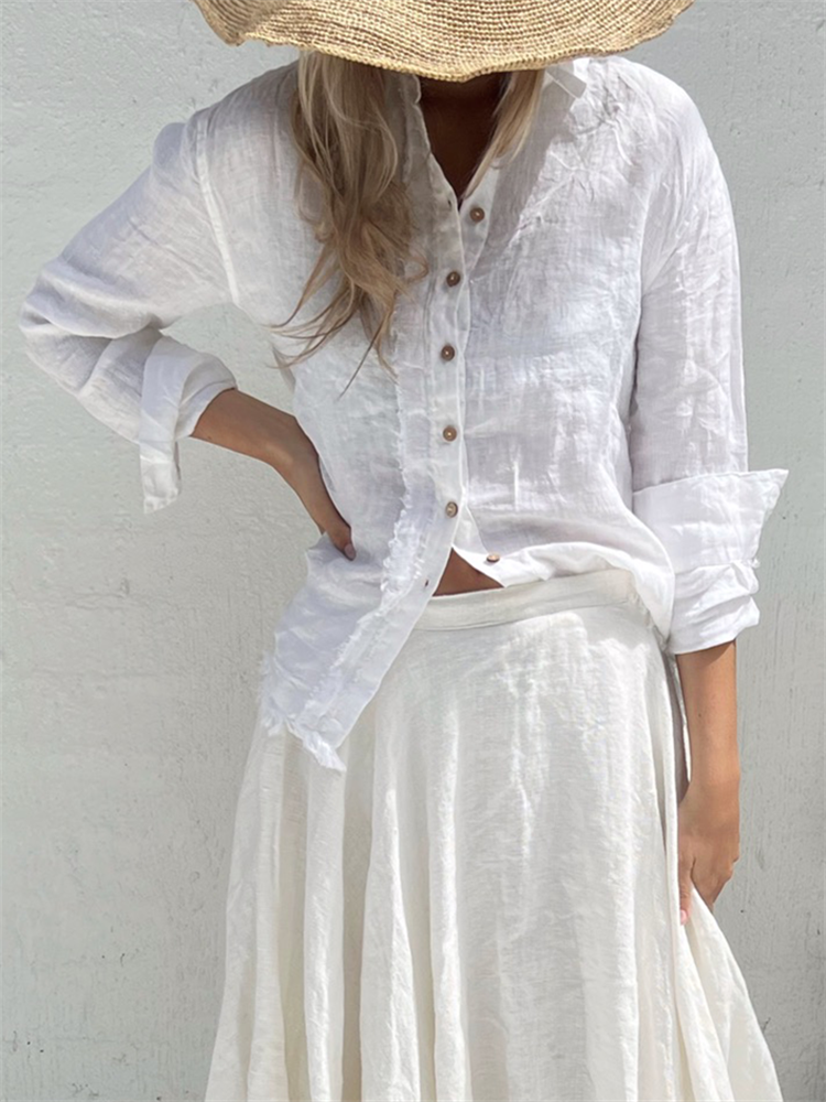 Comstylish Frayed Hem Placket Comfy Woven Blouse