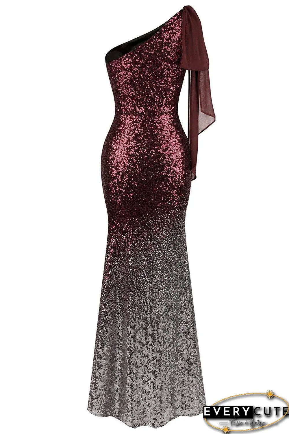 Red Gradient One Shoulder Sequin Party Evening Dress