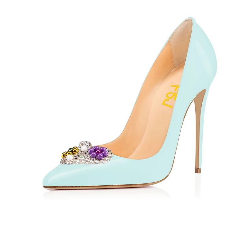 Aqua Shoes Patent Leather Stiletto Heel Pumps with Beaded Heart |FSJ Shoes