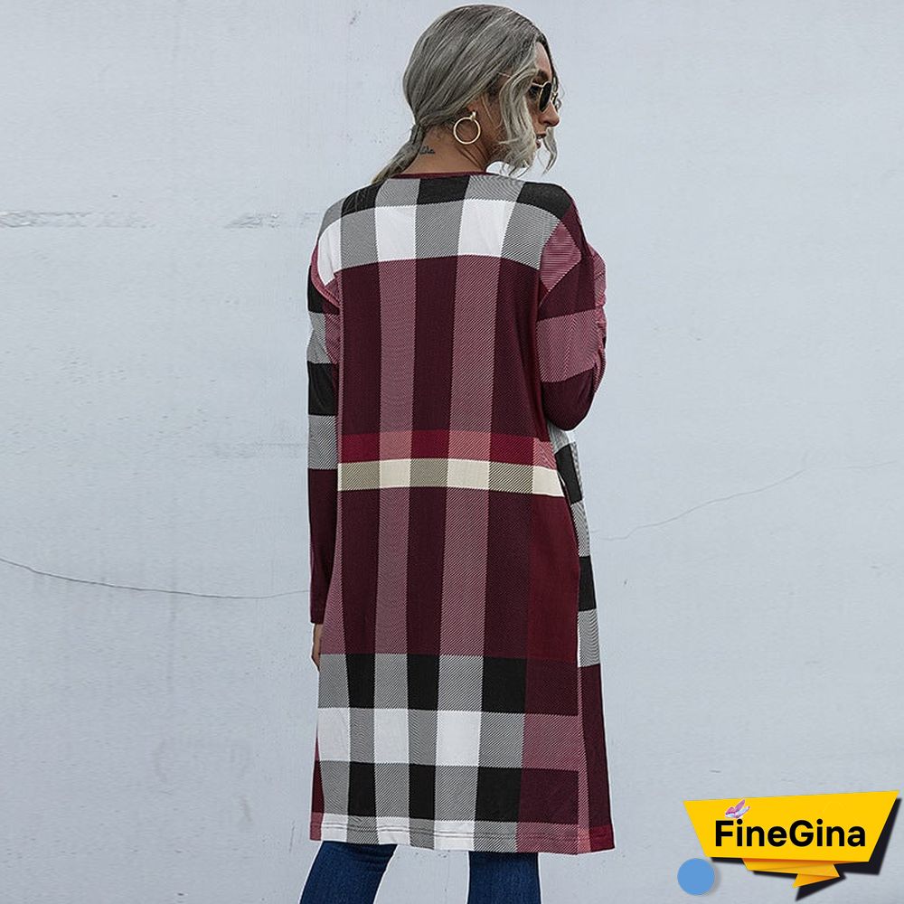 Autumn Women's Plaid Fashion Buttonless Straight Cardigan Coat Women