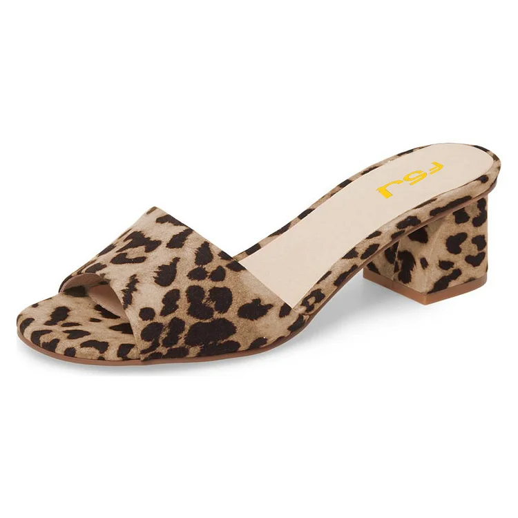 Women's Leopard Print Vegan Suede Mules Block Heel Sandals |FSJ Shoes