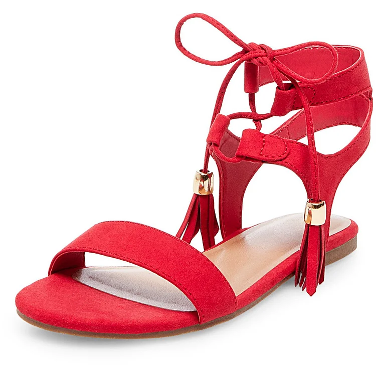 Red Lace Up Flats Open-Toe Gladiator Sandals with Fringe |FSJ Shoes