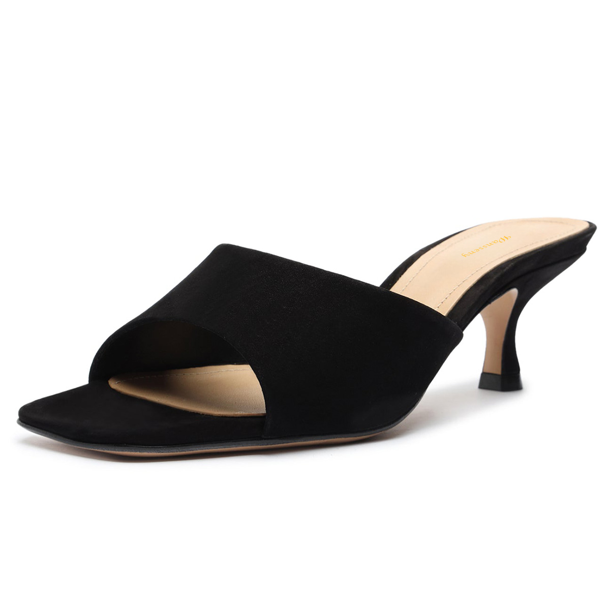 Black Vegan Leather Open Square Toe Kitten Heel Mules Shoes for Women Nicepairs