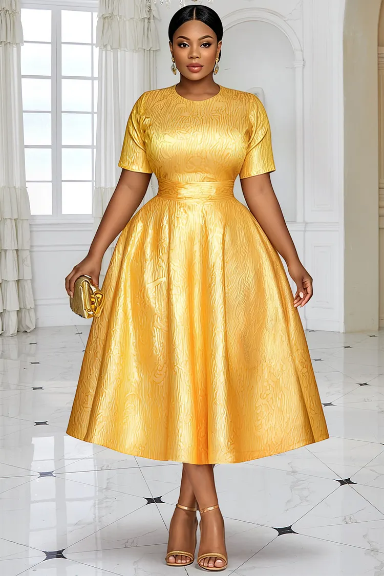 Xpluswear Design Plus Size Wedding Guest Gold Round Neck Short Sleeve Pocket Satin Midi Dresses [Pre-Order] 2024 - Xpluswear