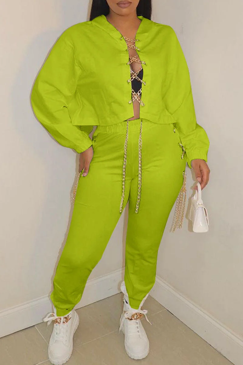 Casual Solid Hollowed Out Split Joint Chains Hooded Collar Long Sleeve Two Pieces