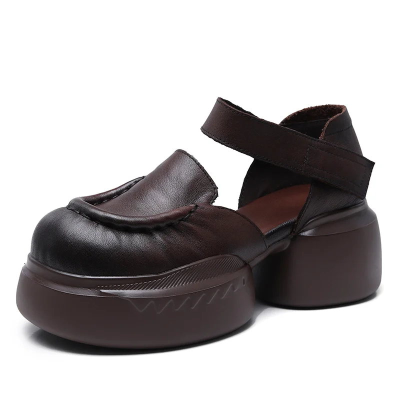 Yyvonne Cow Skin Retro Baotou Thick-Soled Roman Sandals Women's 2025 Summer New Commute Comfortable Casual Women's Shoes
