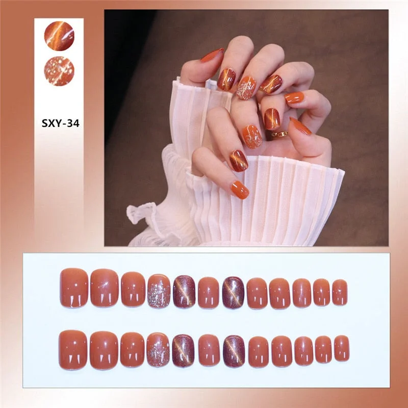 24pcs/box Wearable Finger Fake Nails press on Blue Grey Aurora Effect short size full cover Summer Patch  fake Fingernail tips-Nail Inspo
