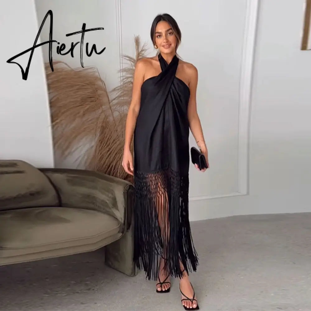 Sexy Halter Dress Women Black Tassel Backless Linen Sleeveless Female Dresses  Summer Fashion Beach Long Lady Aiertu