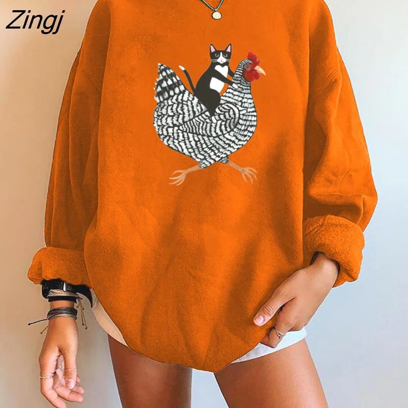 Zingj Sweatshirts Women Cat Riding Chicken Printing Cute Cartoon Womens Winter Tops Clothes Drop-shoulder Designer Sweatshirt