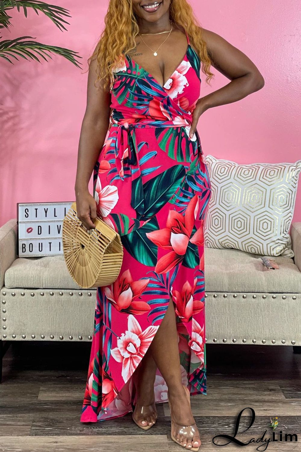 Green Sexy Casual Print Bandage Backless V Neck Sling Dress