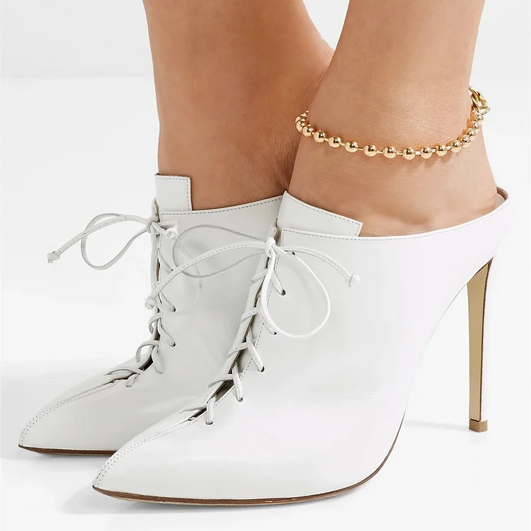 White Lace Up Mules Shoes Pointed Toe Stiletto Heels for Women |FSJ Shoes