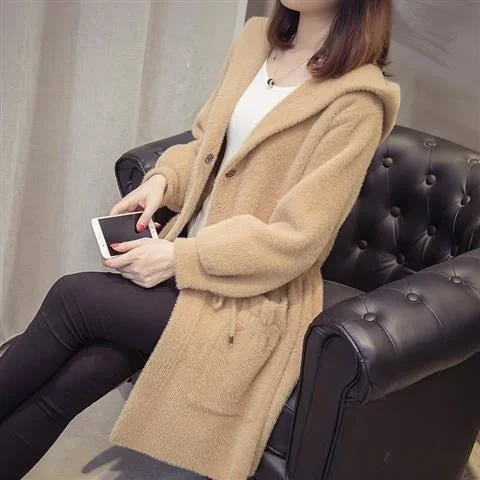 Autumn And Winter New Mink Like Cashmere Coat Women's Cardigan Korean Hooded Loose Medium Length Mink Sweater Coat Thickened