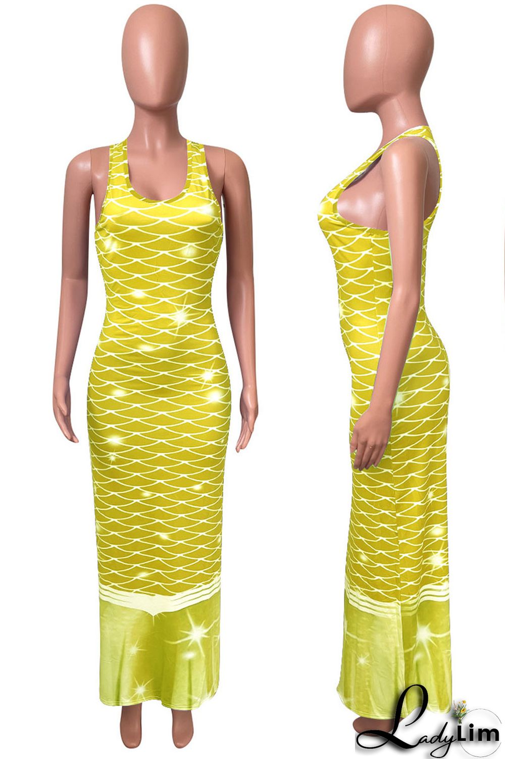 Tangerine Red Casual Print Split Joint U Neck Vest Dress Dresses