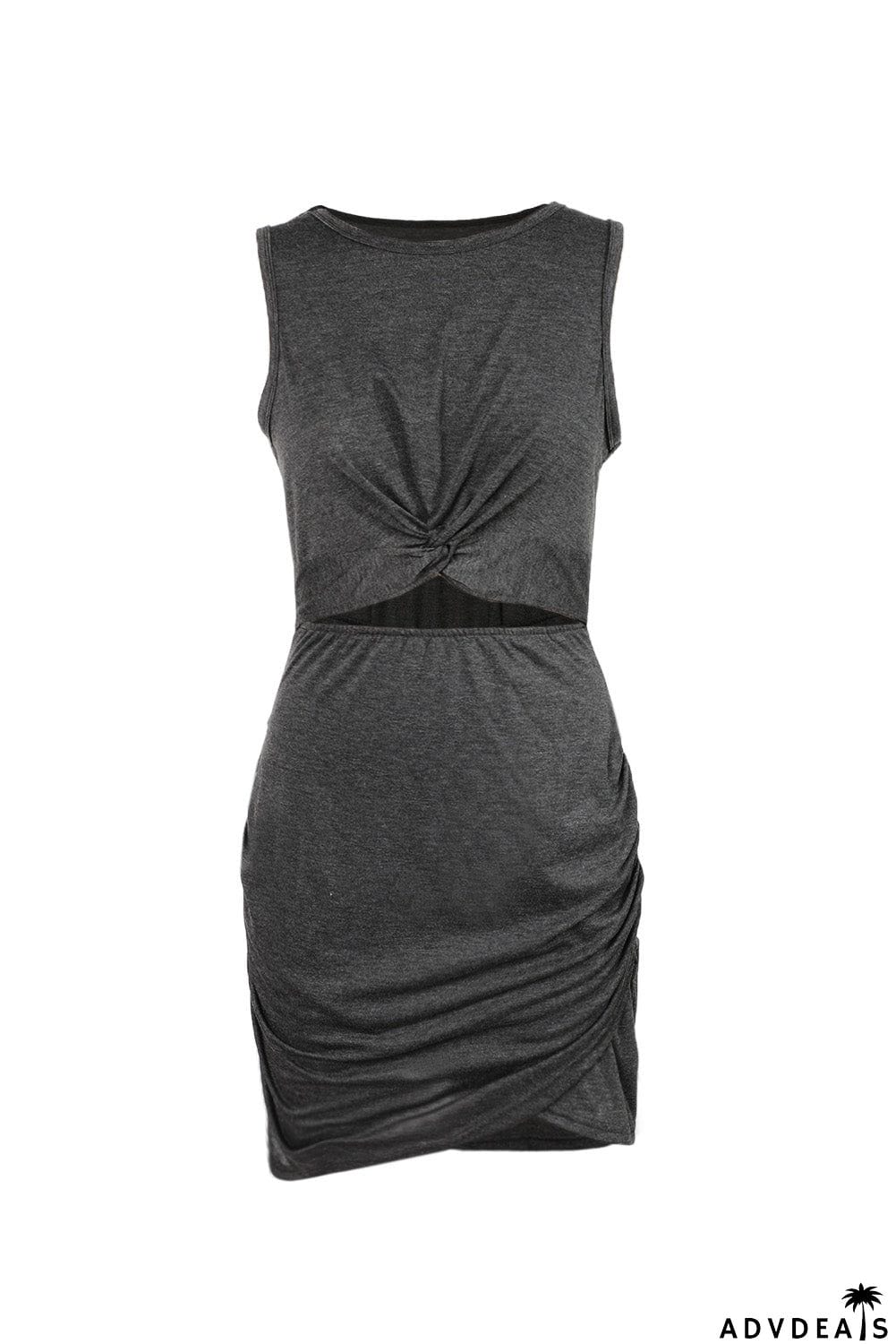 Burgundy Crew Neck Sleeveless Twist Hollow-out Bodycon Mini Dress