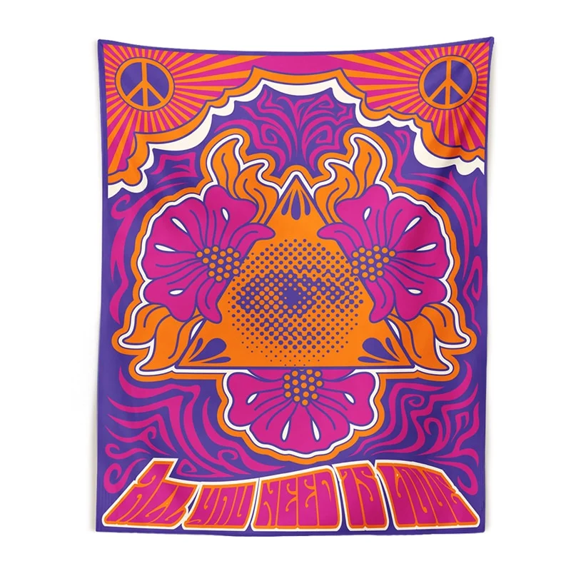 Vintage music poster Tapestry Wall Hanging stylized 60s 70s psychedelic background peace symbol eye floral Home Decor Wall Decor