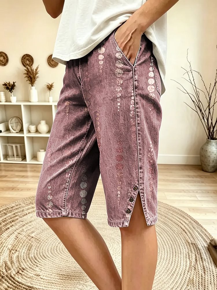 Women's Polka Dot Art Print Denim Bermuda Shorts