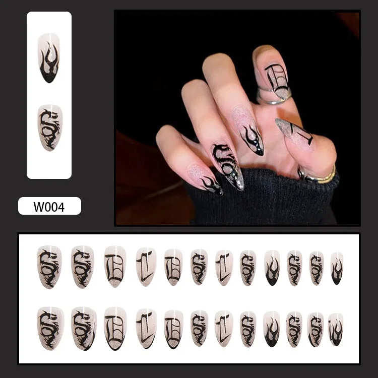 24PCS Dark Punk False Nails with Glue Gradient Long Detachable Fire Stick on Nails Skull Flame  Art DIY Fashion Manicure Tool-Nail Inspo