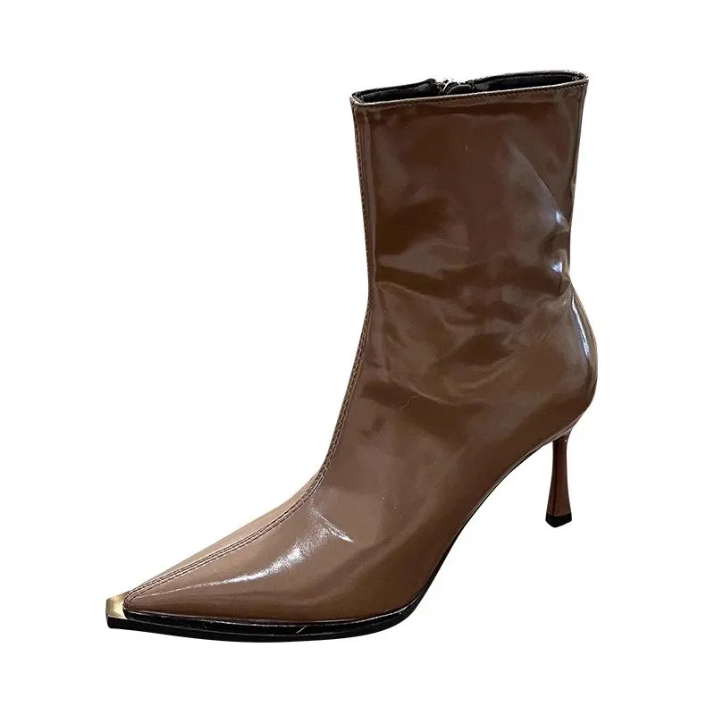 Breakj Breakj Autumn Sharp Leather Fashion Thin Short Boots Women's Side Zipper Fine And High And Thin Boots Naked Boots