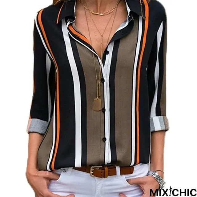 Women Color Block Striped Shirt Elegant Casual Long Sleeve Blouse