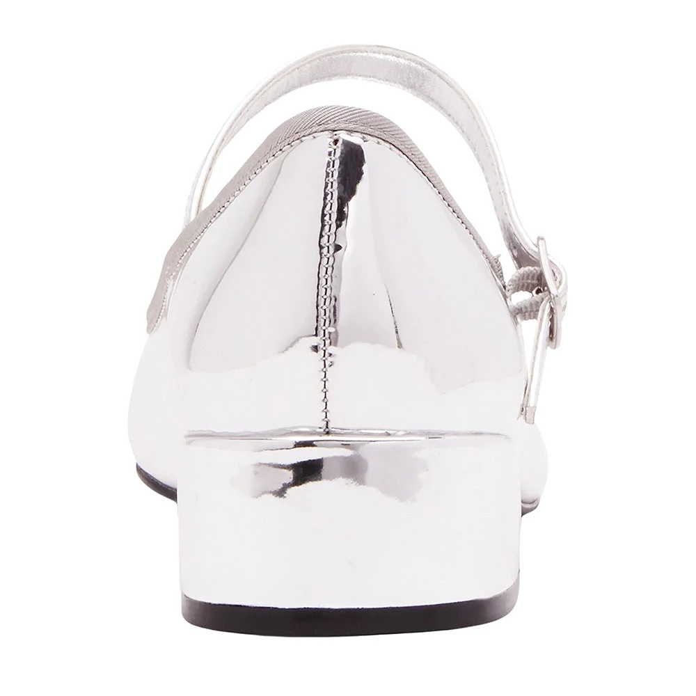 Women's Silver Mirror Round Toe Buckle Block Low Heeled Mary Janes