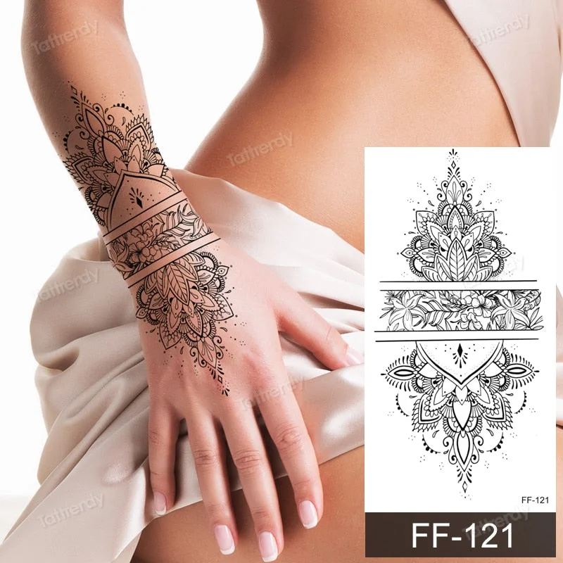 fake henna tattoo mandala lotus flowers jewery arabic indian egyptian tattoo sleeve hand finger breast tatoo black waterproof