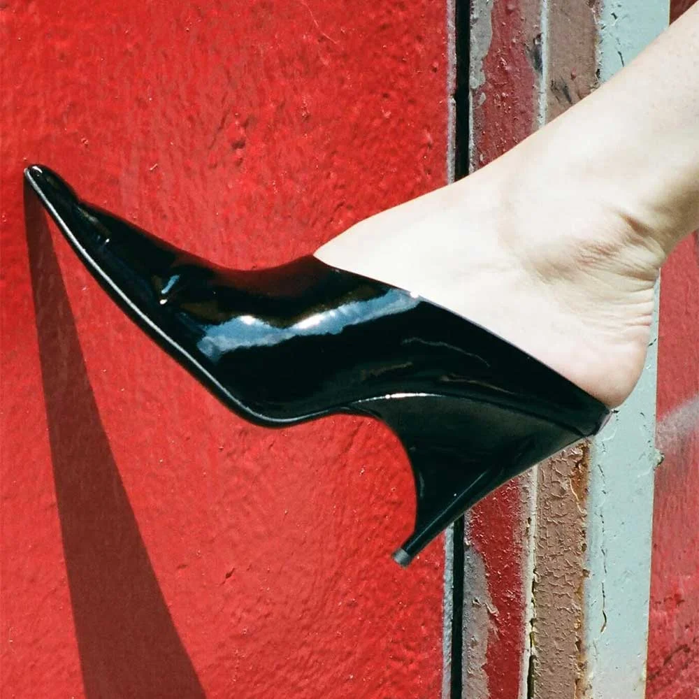 Black Patent Leather Pointed Toe Sculptural Heel Mules for Women