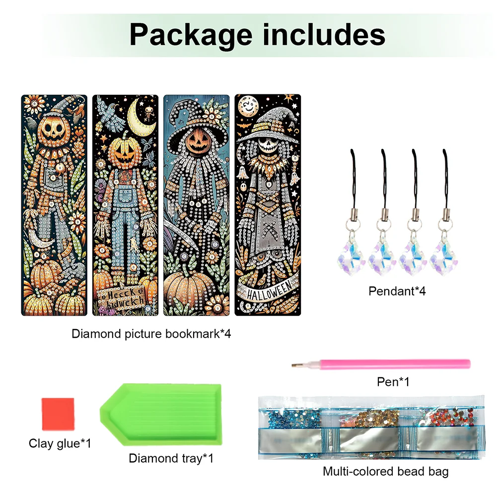 4Pcs Halloween Pumpkin Skull Themed DIY Diamond Painting Bookmark for Book Lover