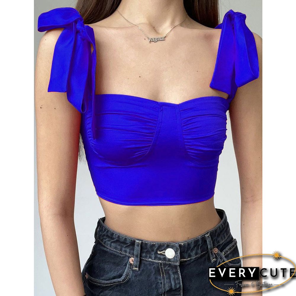 Blue Lace-up Spaghetti Straps Crop Tops