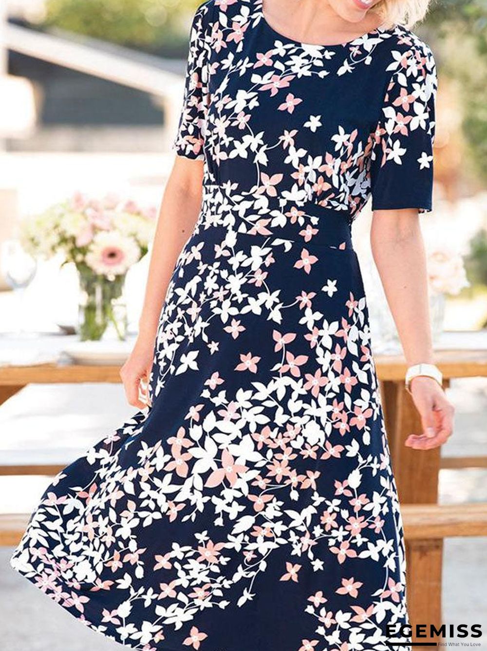 Floral Print Paneled Short Sleeves Elegant A-line Midi Dress | EGEMISS