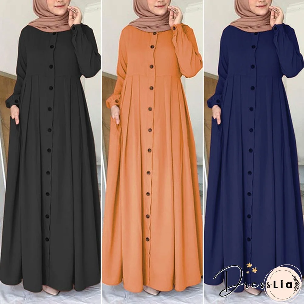 ZANZEA Womens Muslim Abaya Dubai Buttons Down Long Sleeve Tunic Maxi Shirt Dress